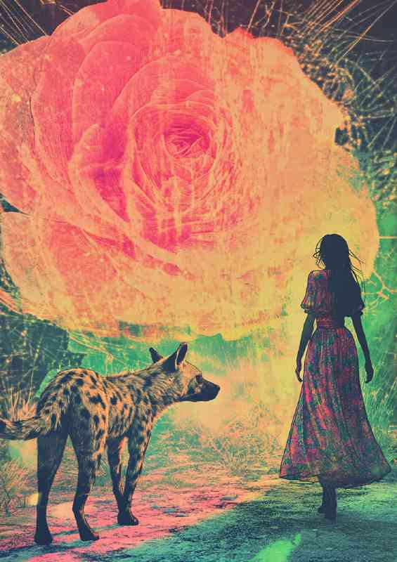 Girl in a long dress and a hyena walking together | Canvas
