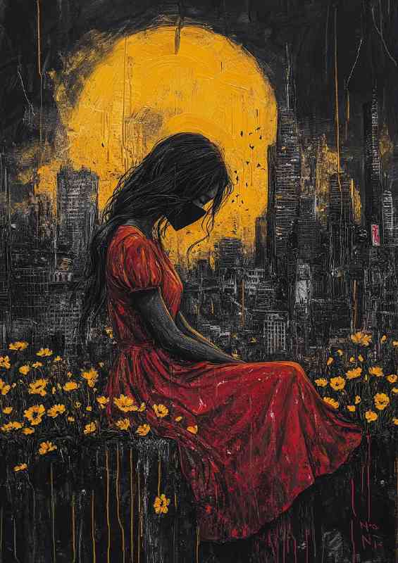 Girl in a red dress sitting on a wall a painting | Metal Poster