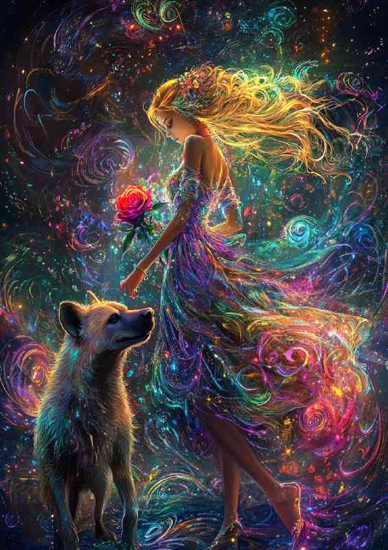 Girl in an iridescent dress walks with hyena | Canvas