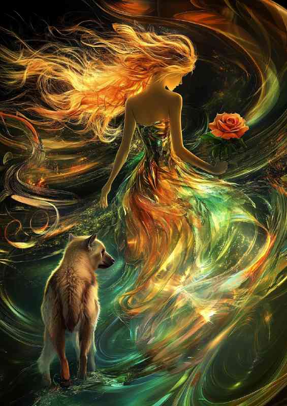 Girl in an iridescent dress walks with the wolf | Poster