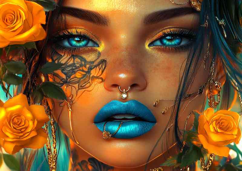Cyberpunk woman with blue lipstick gold | Di-Bond