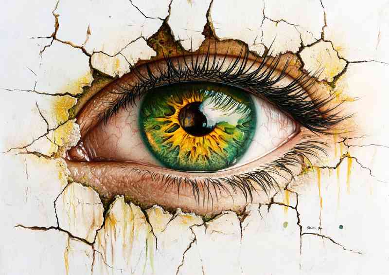 Eye with green and yellow iris cracked wall art | Metal Poster