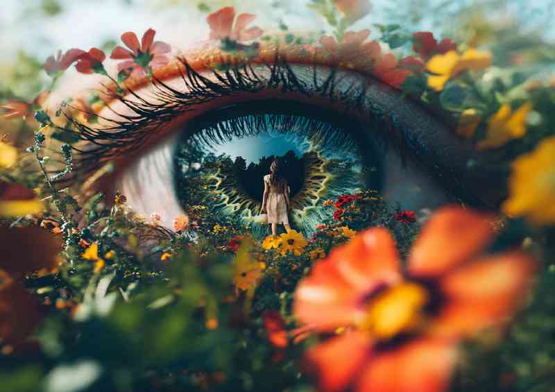 Photograph of an eye with a tiny girl standing flowers | Poster