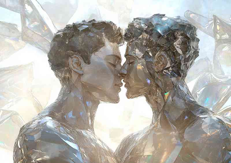 Two human bodies made of glass kissing and touching | Canvas