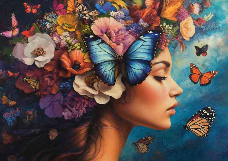Woman with butterflies and flowers | Canvas