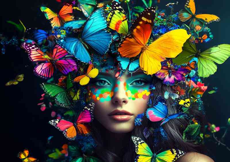 Woman with colorful butterflies and flowers | Canvas