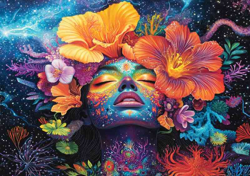 Woman with large colorful flowers growing | Di-Bond