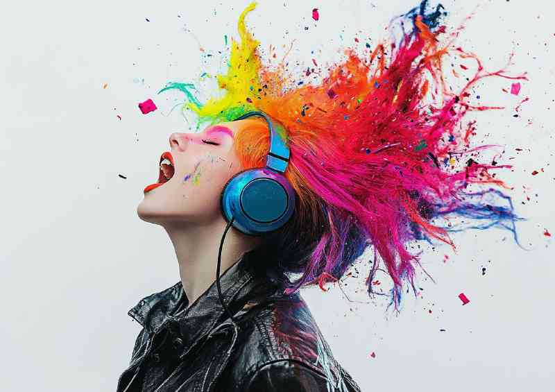 woman with headphones singing colorful hair | Metal Poster