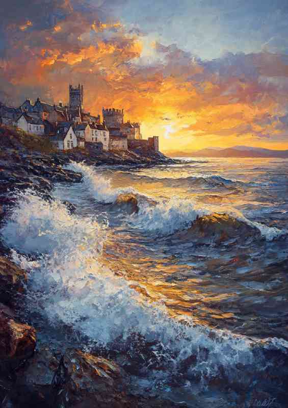 A beautiful oil painting of the sunset over Barmouth | Metal Poster