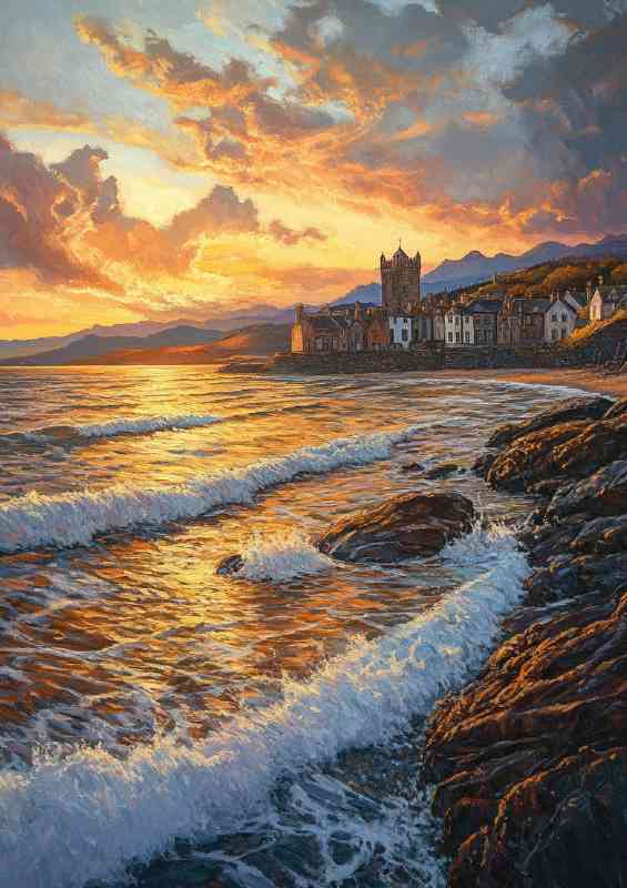 A beautiful oil painting of the sunset over Barmouth beach | Metal Poster
