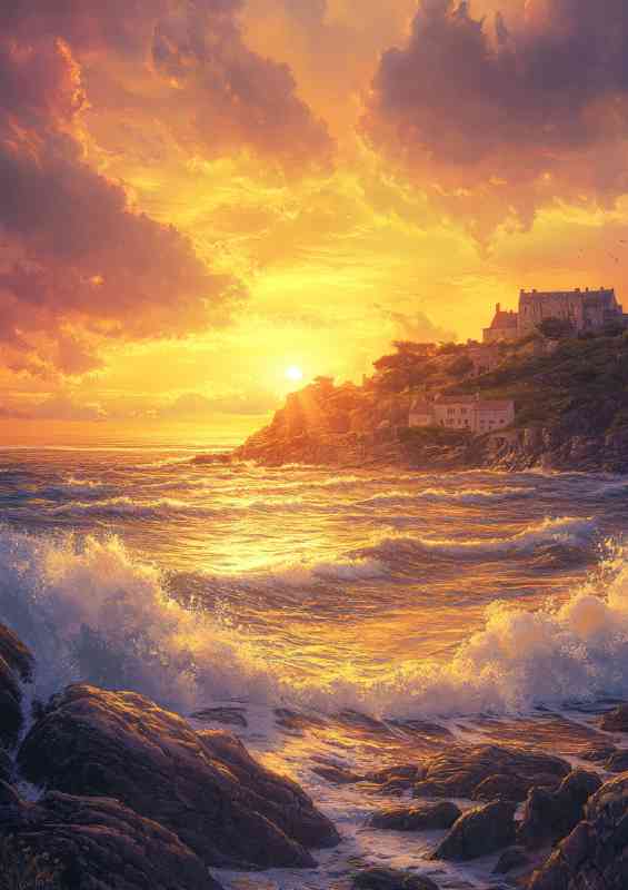 A coastal sunset over the cliffs of Guernsey with wav 191f788c-9fe8-4ff4-b0e9-c9c57b42bb27 | Metal Poster