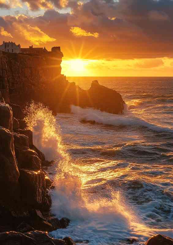 A coastal sunset over the cliffs of Guernsey with wav 56d7ac25-8bdc-453e-8ec8-4935d4bca901 | Metal Poster