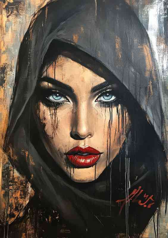 A portrait of an Iranian woman wearing a hood red lips | Metal Poster