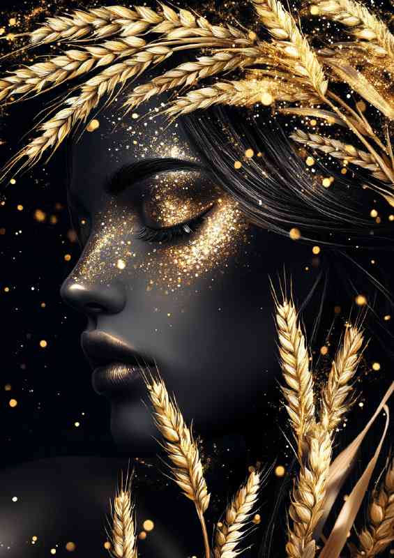 Beautiful black and gold goddess with wheat glitter | Metal Poster