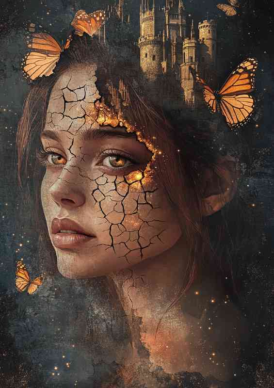 Beautiful girl with cracked skin and ethereal details and butterflys | Metal Poster