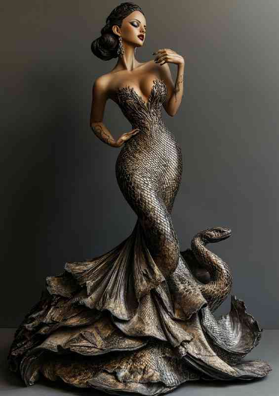 Beautiful woman wearing an elegant dress made of snake | Metal Poster