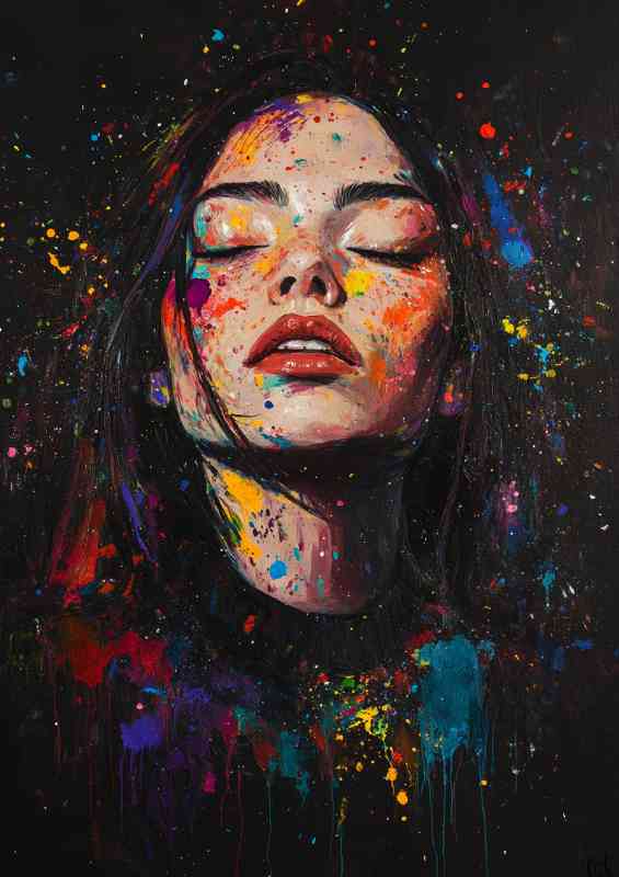 Beautiful woman with her eyes closed colorful paint | Metal Poster
