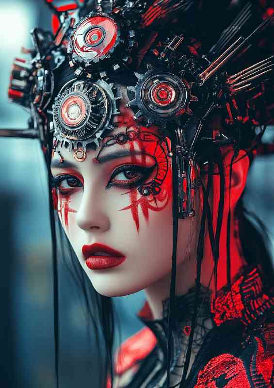 Cyberpunk woman with red and black tribal | Canvas