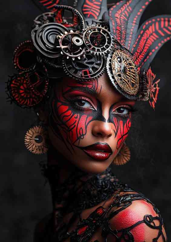 Cyberpunk woman with red and black tribal markings | Metal Poster