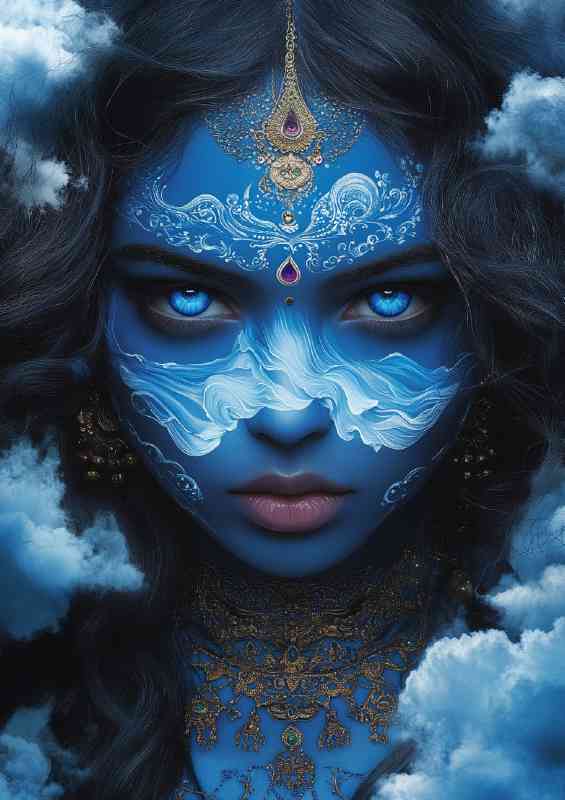 Indian woman with blue skin ocean waves and clouds | Canvas