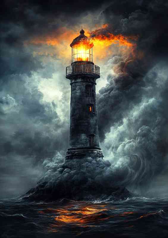 Lighthouse on an island a glowing orange light shine | Metal Poster