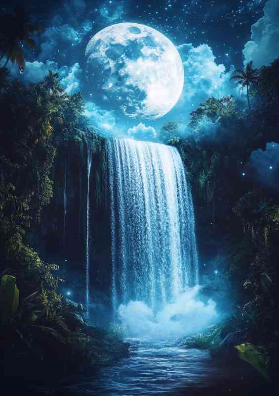 Magical waterfall cascades down from the night blue sky | Canvas