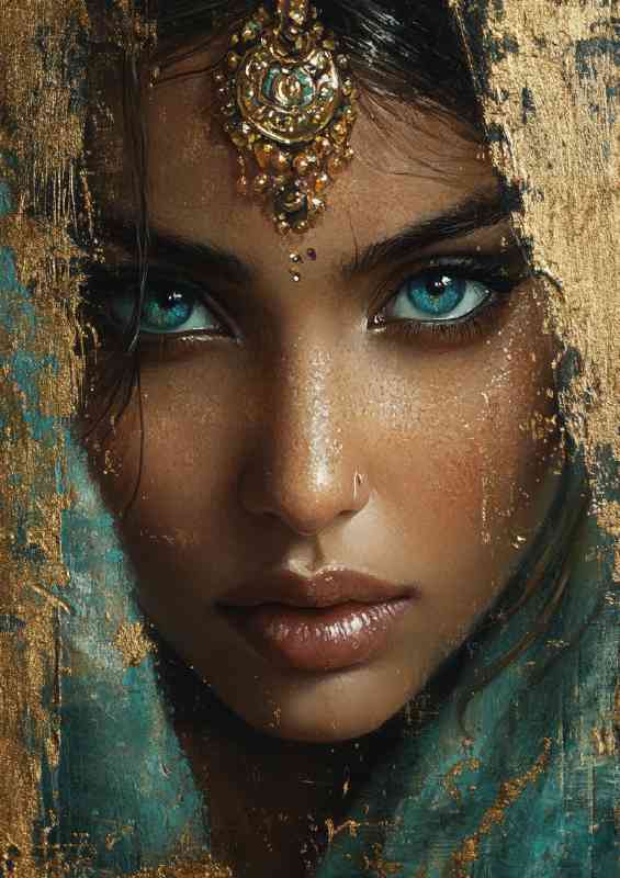 Painting of an Indian woman with blue eyes and gold | Di-Bond