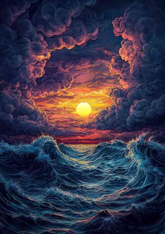 Sunset ocean with clouds and waves crashing | Canvas