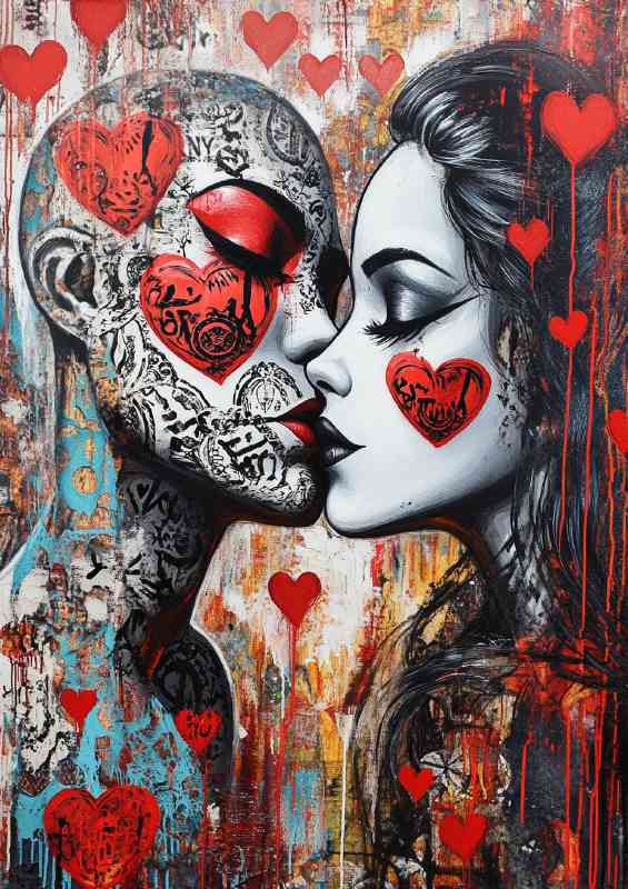 Two lovers kissing with one face painted | Metal Poster