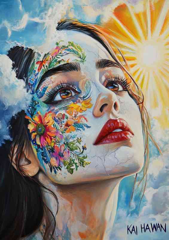 Woman with big eyes a colorful face tatto | Poster