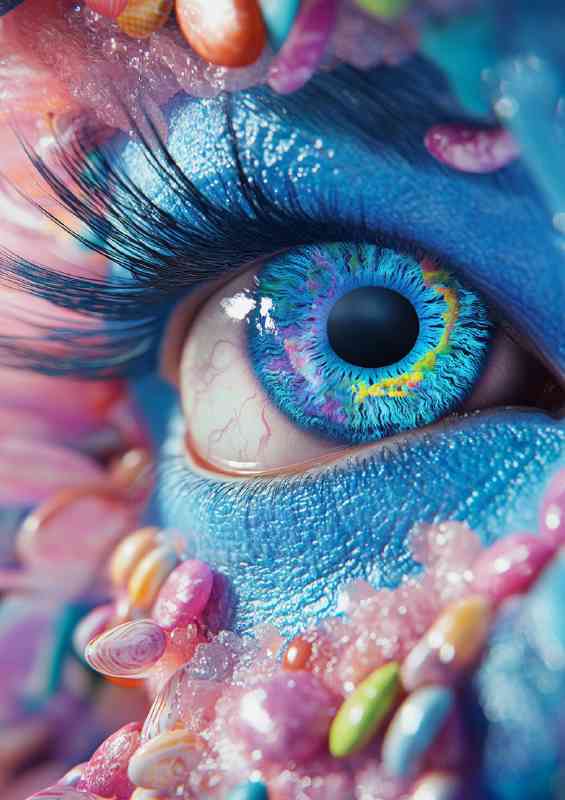 a close up of an eye with candy and swirls inspired b d37e9ebf-a62a-4945-96f8-3bf8ee656dfa | Poster