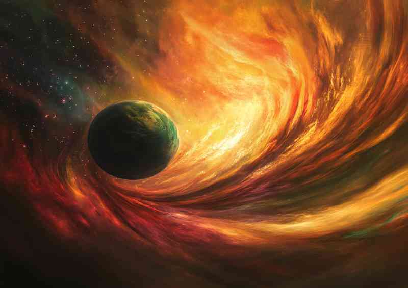 Colorful space scene with a planet nebula golden fire | Metal Poster