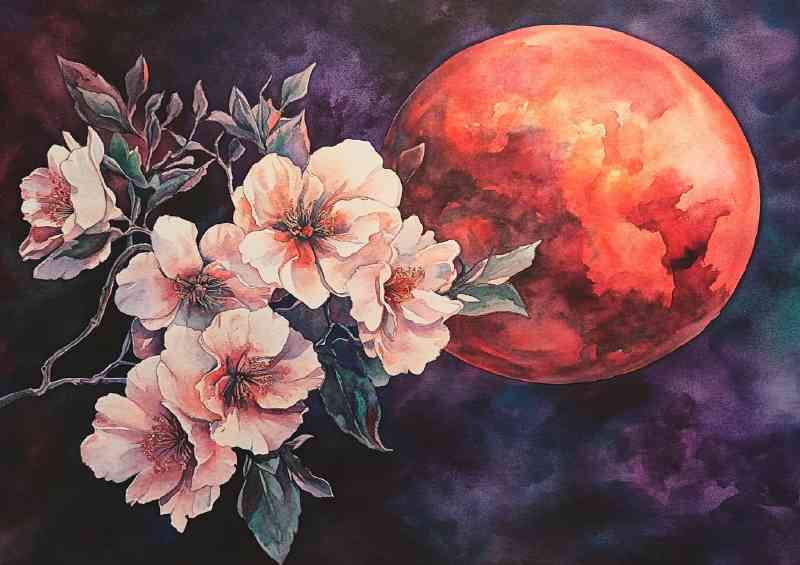 Watercolor painting of beautiful flowers ornage moon | Metal Poster
