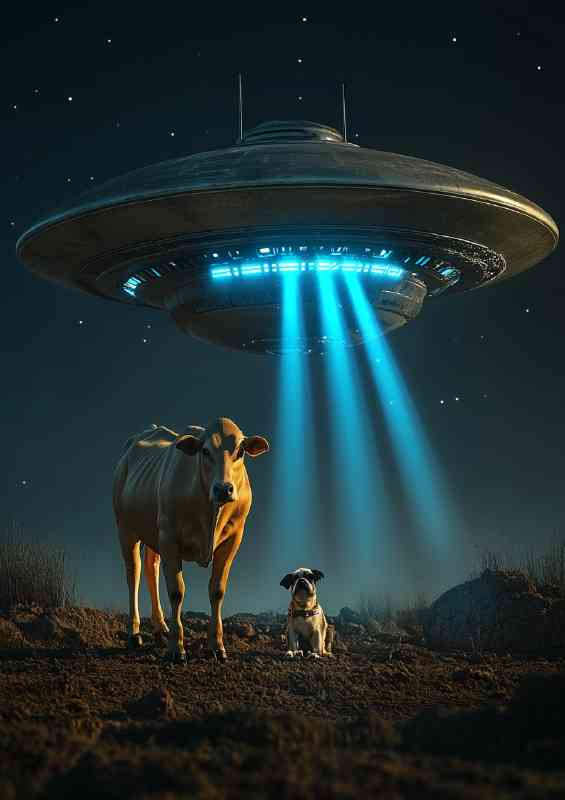 A cow being abducted by an alien UFO night sky with dog | Metal Poster