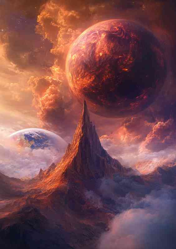 A fantastical depiction of the planet Mars with a towering mountain | Poster