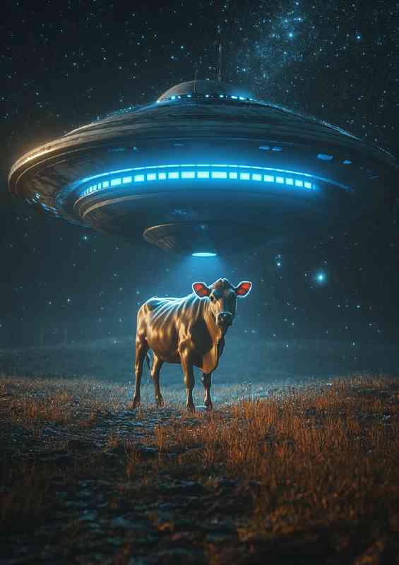 Cow being abducted by an alien UFO night sky | Poster