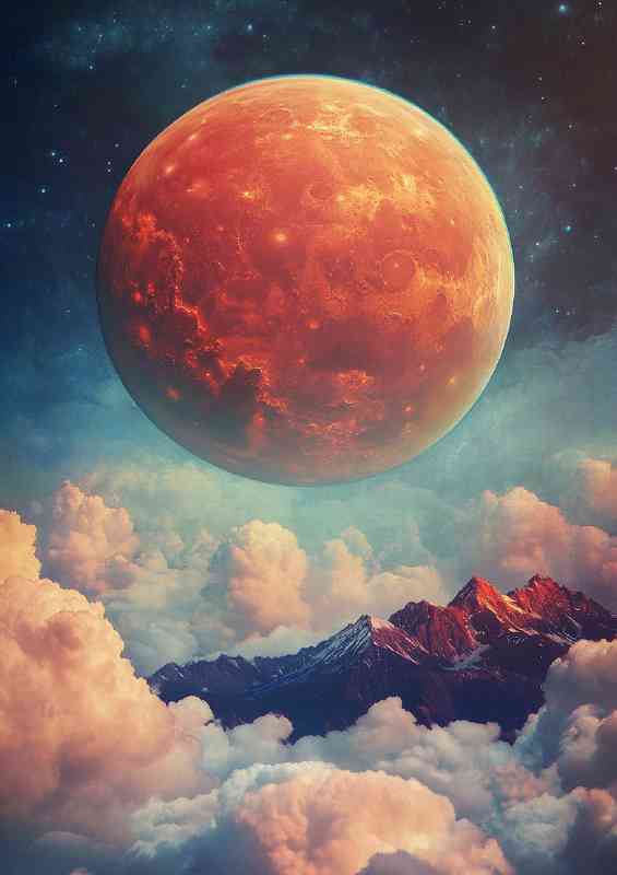 Giant planet rising above the clouds a mountain | Canvas