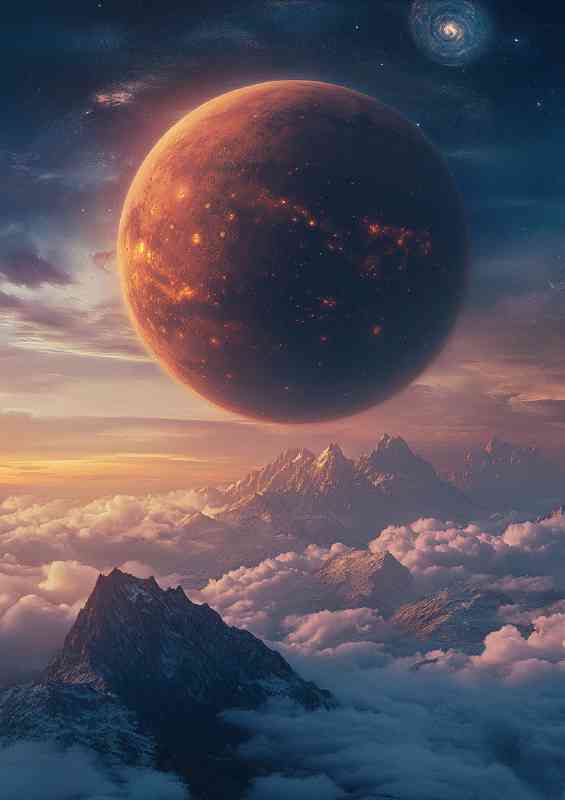 Giant planet rising above the clouds a mountain range | Canvas