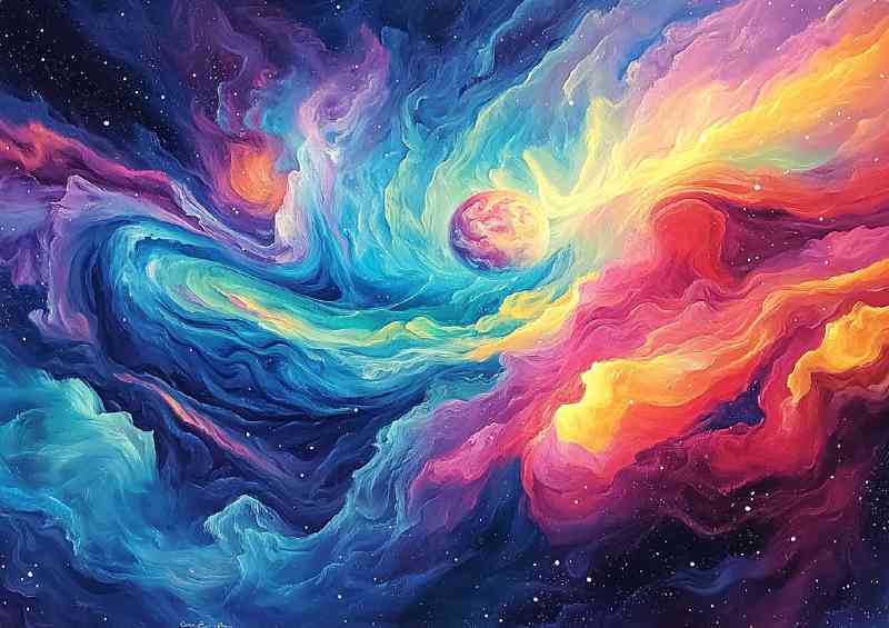 Space scene with a planet nebula and waves of colours | Poster