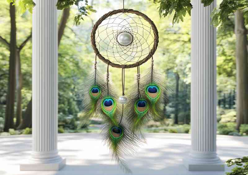 Dreamcatcher with feathers and green leaves hanging | Canvas