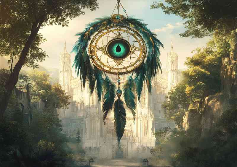 Large dreamcatcher with green and gold | Di-Bond