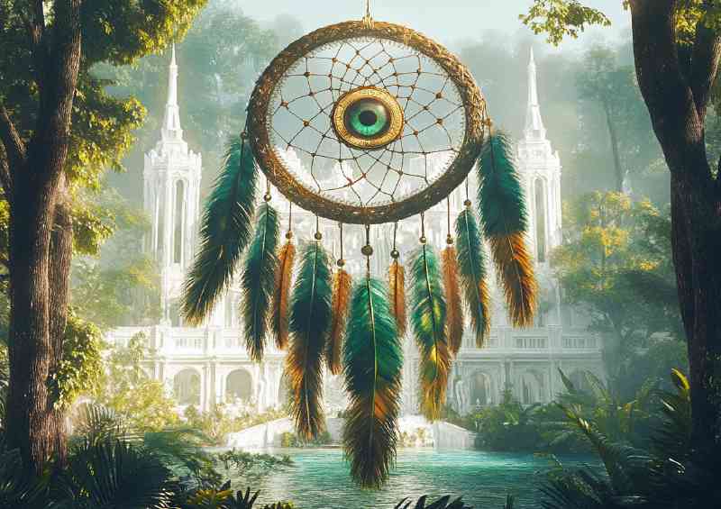 Large dreamcatcher with green and gold feathers | Canvas