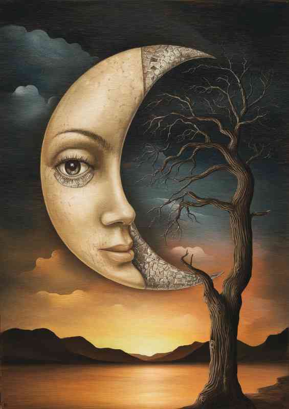 Surrealistic scene where a crescent moon with branches of a tree | Canvas