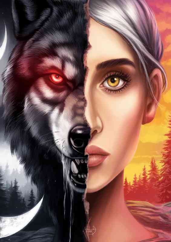 Two contrasting halves woman and wolf | Canvas