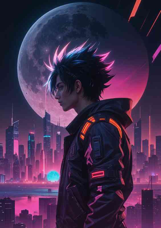 Futuristic city skyline with a large moon in the background | Metal Poster