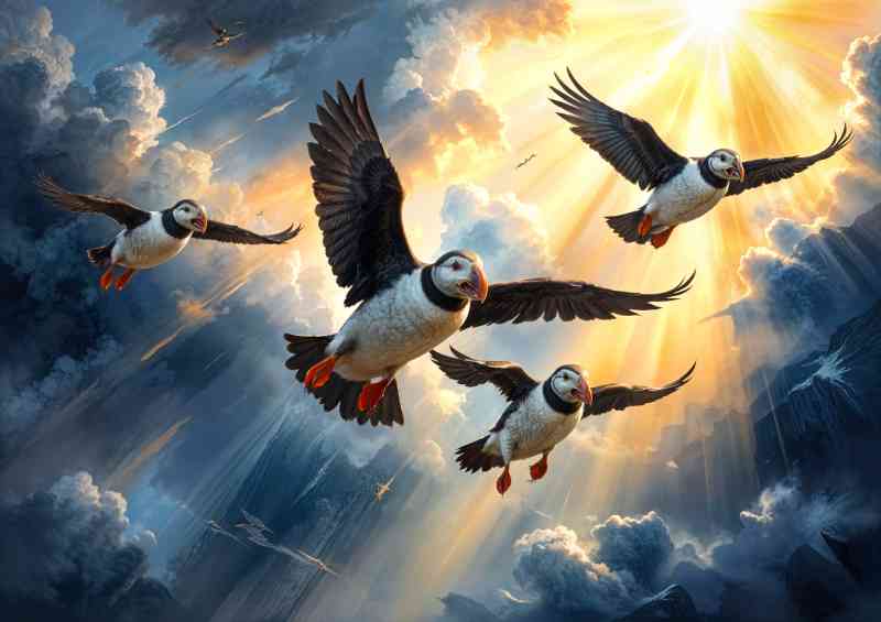 Flock of puffins flying through the sky | Di-Bond