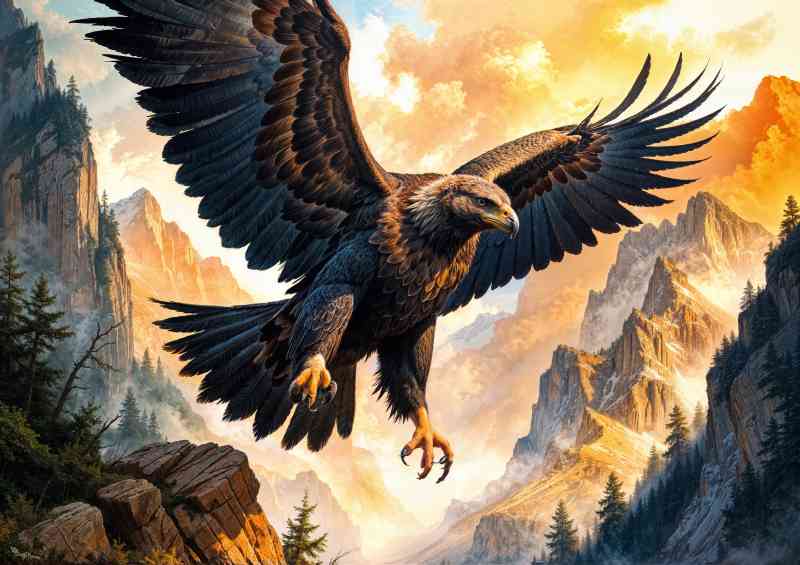 Water coloured painted eagle flying in the mountains | Canvas