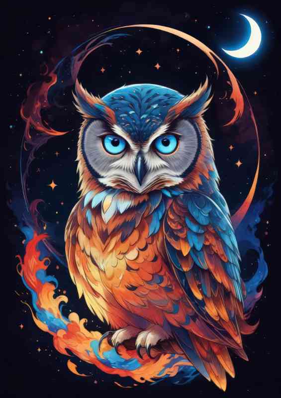 Colourful majestic owl at night blue eyes | Di-Bond