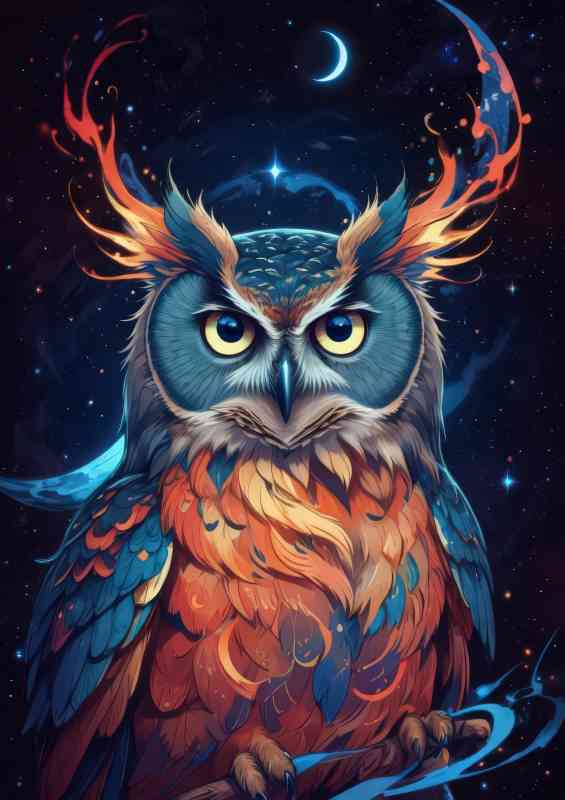 Colourful majestic owl at night yellow eyes | Metal Poster