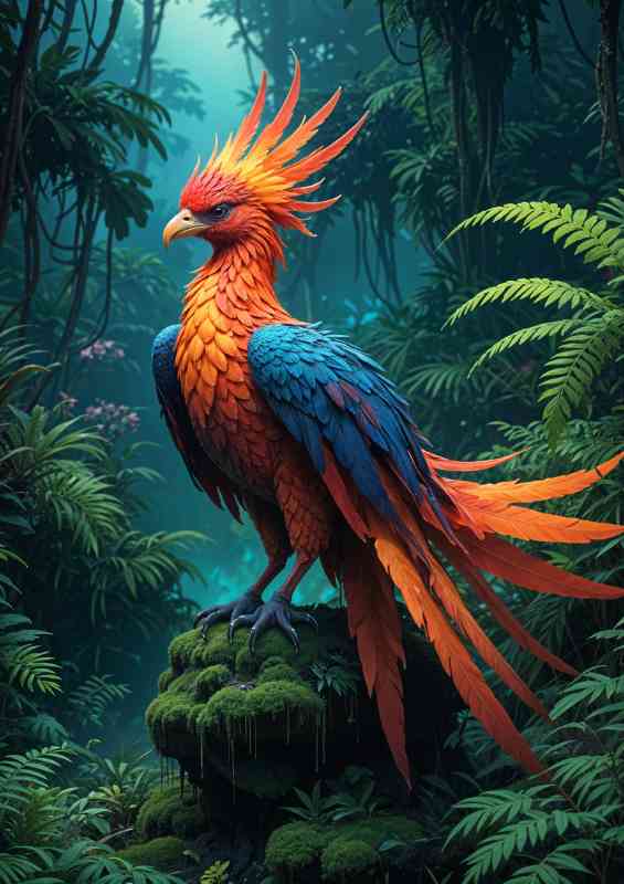 Fantastical phoenix bird with vibrant feathers perched on a mossy rock | Poster